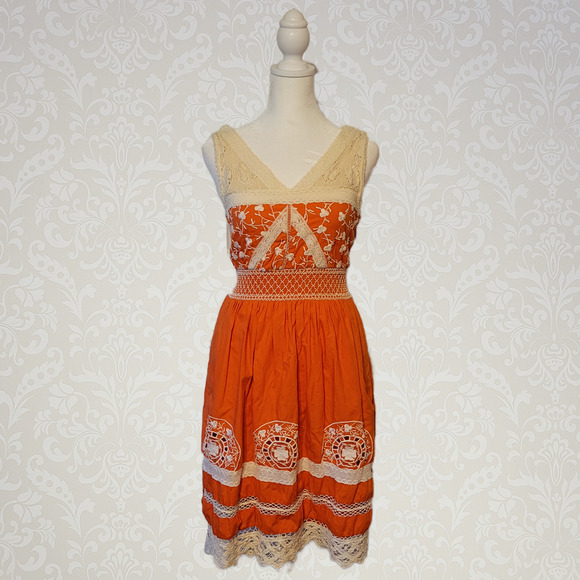 Anthropologie, 0 | Moulinette Soeurs Orange Cotton Crochet Bodice Boho Dress - Picture 1 of 6
